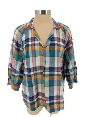 Seasalt Cornwall Bryn Shirt Plaid 3/4 Sleeve Collared VNeck Popover Top 10